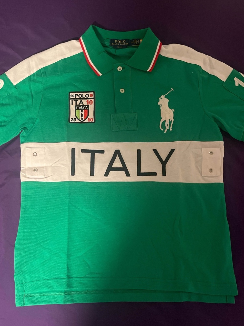 Polo by Ralph Lauren Green & White Italy Crest Patch Rugby Shirt